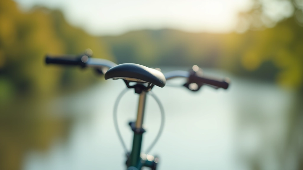 Close-up of vintage bicycle handlebars and comfortable saddle with blurred river landscape behind