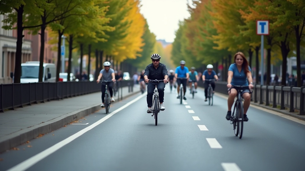 Busy urban cycling lane in Prague with protective barriers and clear lane markings