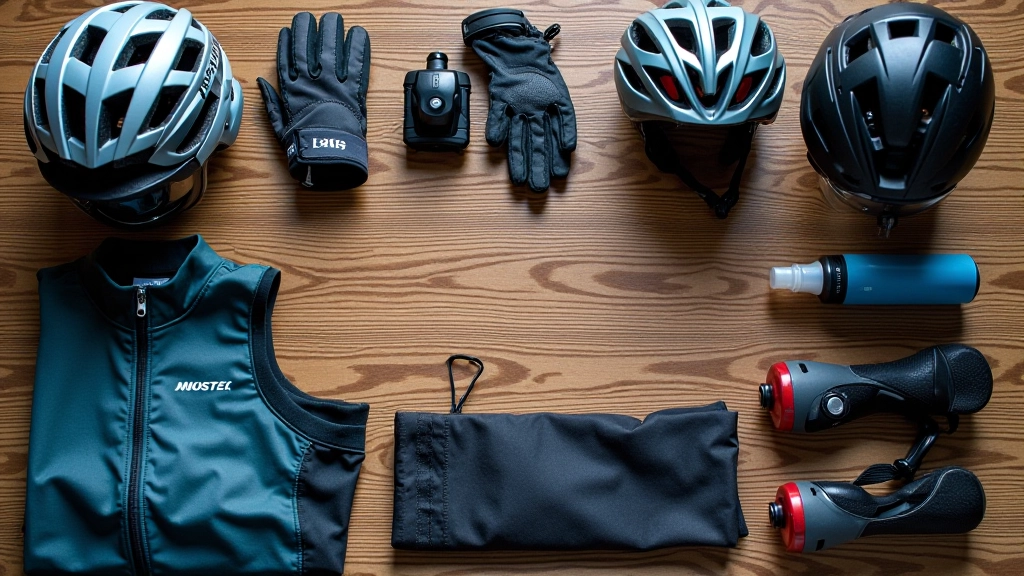 Complete cycling gear and essentials laid out for long-distance ride including helmet, gloves, lights and repair kit