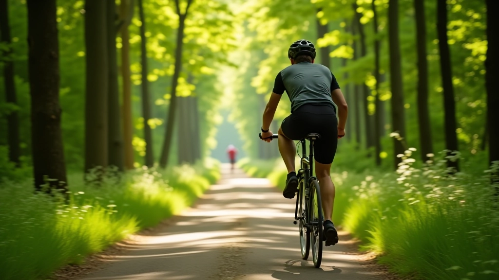 Cyclist riding through forest section of Greenway with tree-lined path and dappled sunlight