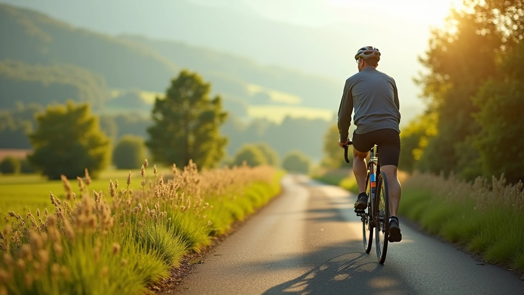 Cyclist on scenic long-distance route through countryside