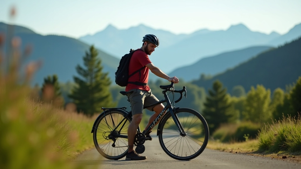 Cyclist preparing bicycle in outdoor setting with mountains in background