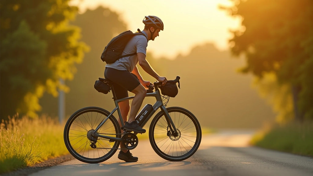 Cyclist preparing gear and bike equipment for a long-distance cycling adventure on a sunny morning