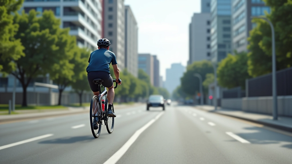 Cyclist using navigation app on phone mounted to handlebars while cycling on protected bike lane in urban setting