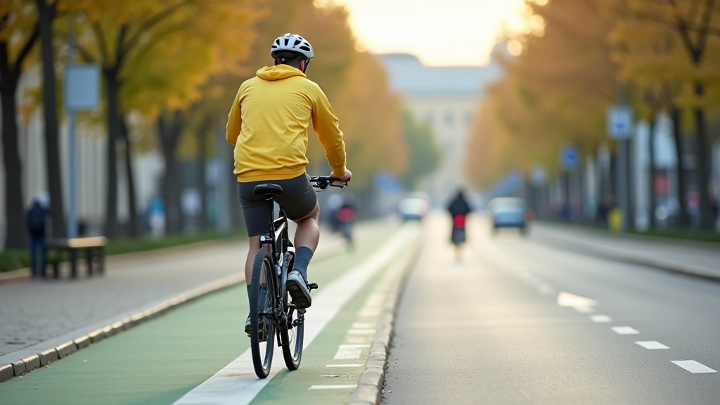 Urban cyclist on protected bike lane in city with buildings