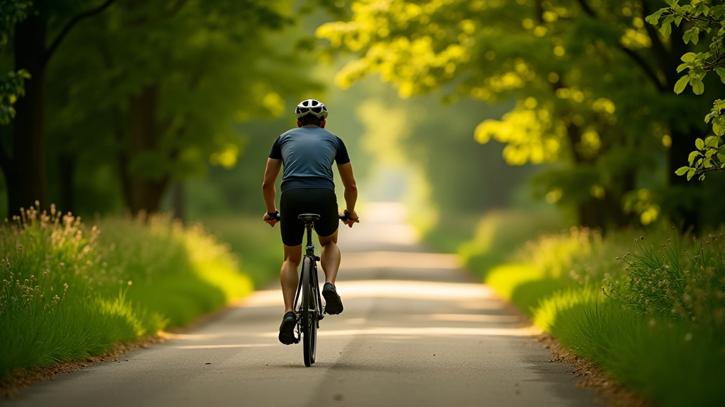 Cyclist riding on peaceful tree-lined cycling path with dappled sunlight filtering through leaves