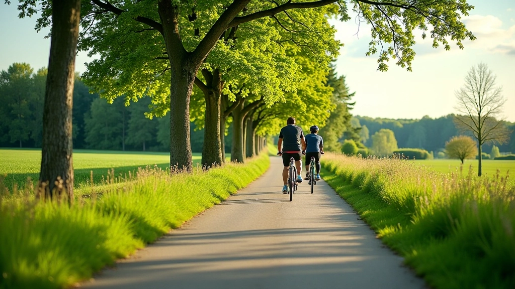 Cyclists riding on a paved greenway trail through countryside with trees
