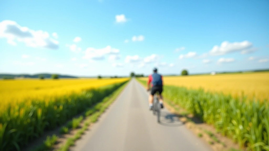 Flat cycling path through agricultural landscape with grain fields and distant treeline
