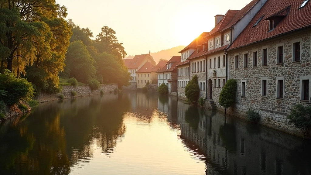Traditional Czech riverside town with historic stone buildings reflected in calm Vltava River water at sunset