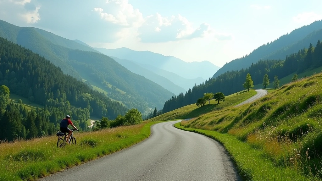 Mountain landscape with winding cycling path for long-distance rides