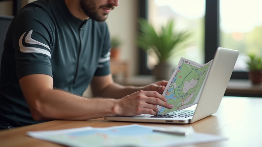 Cyclist studying detailed route map and elevation profile on laptop before planning first long-distance tour
