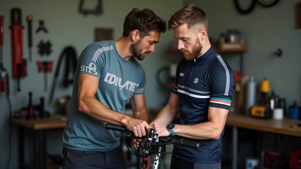 Professional bike maintenance with mechanic checking chain, gears, brakes and tire pressure before long ride