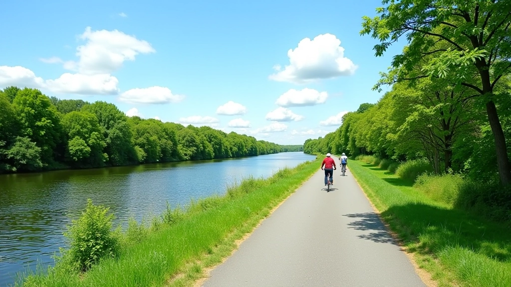 Scenic cycling path along the Vltava River with green forest on both sides and clear blue sky