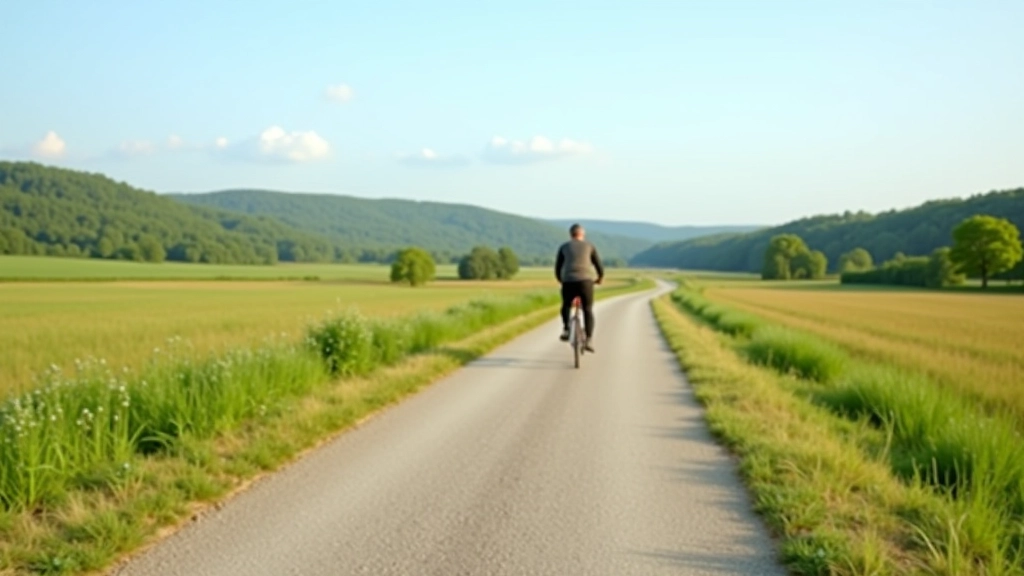 Flat cycling path through green meadows with Vltava River visible in the distance and small hills on the horizon