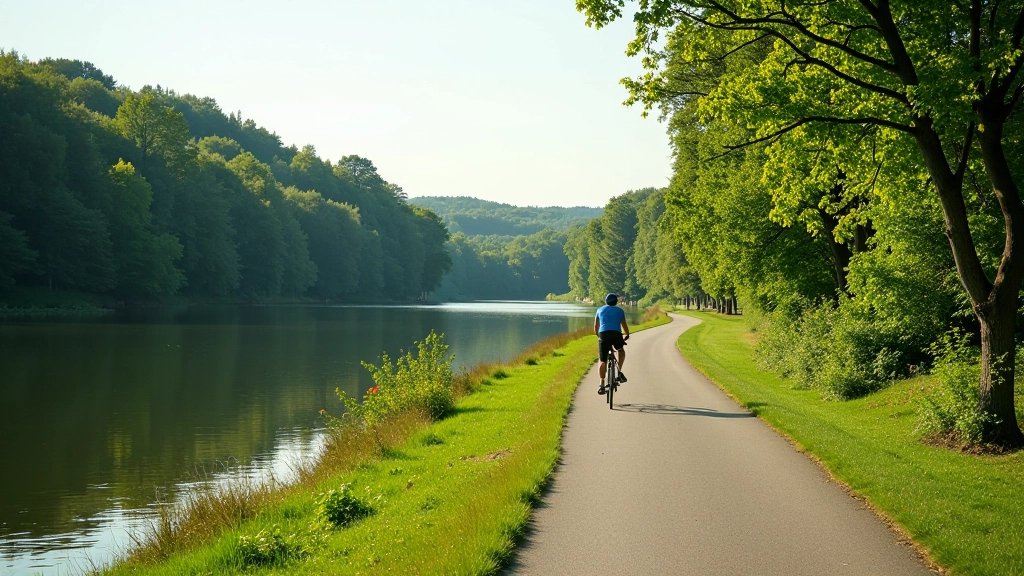 Scenic riverside cycling path along calm water with forest backdrop