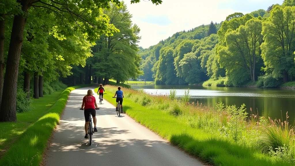 Scenic riverside cycling path along the Vltava river with forest backdrop
