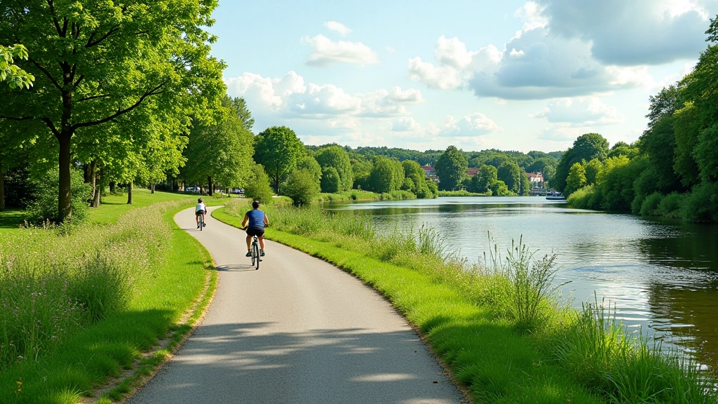 Scenic view of Vltava River cycling path with water and greenery