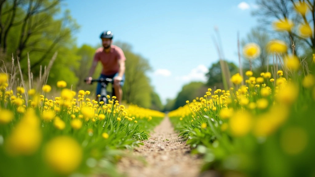 Spring flowers blooming along Greenway cycling path with blue sky and green vegetation