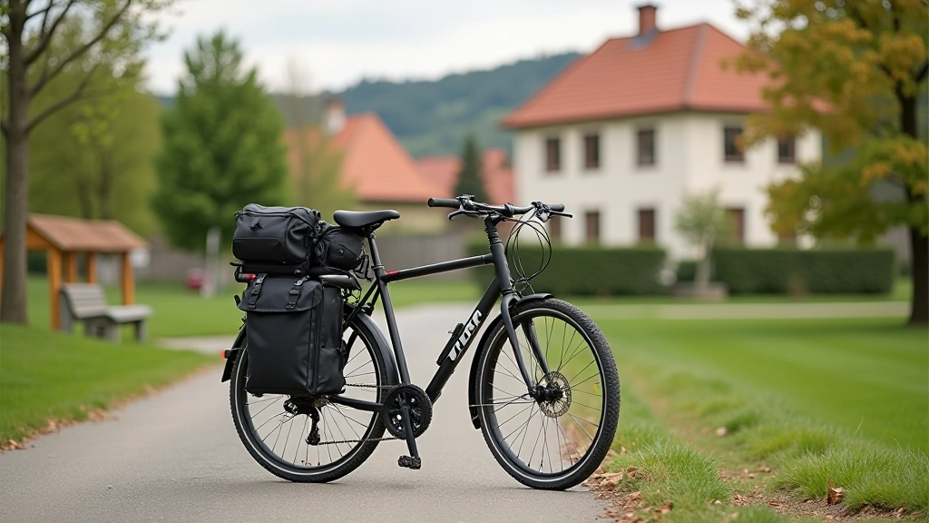 Bicycle with panniers loaded with gear parked at a village rest stop along the Greenway