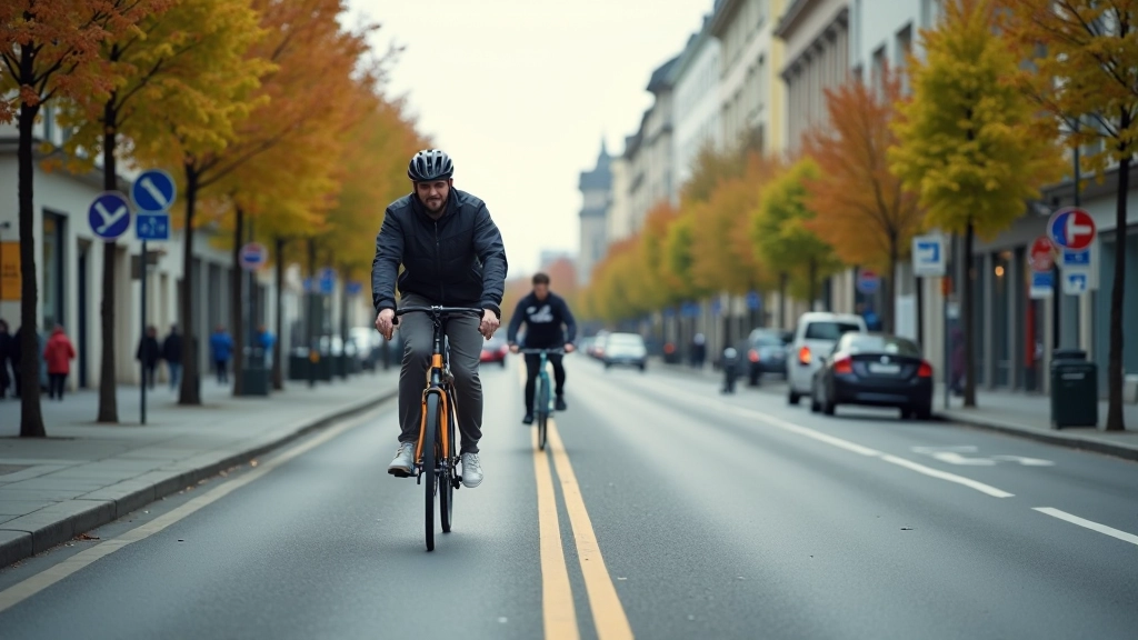 Urban bike lane in Prague city center with cyclist riding safely through modern cycling infrastructure