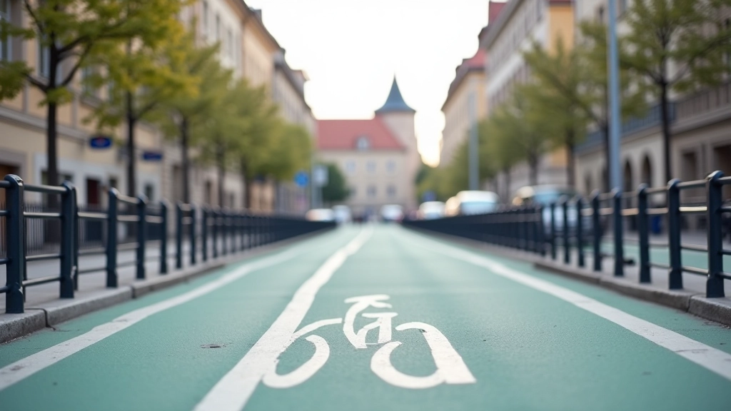 Urban cycling lane with protective barriers on city street with historic buildings in background