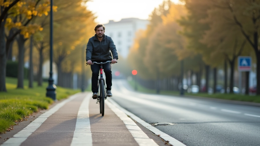 Urban cyclist on protected bike lane in Czech city with modern infrastructure