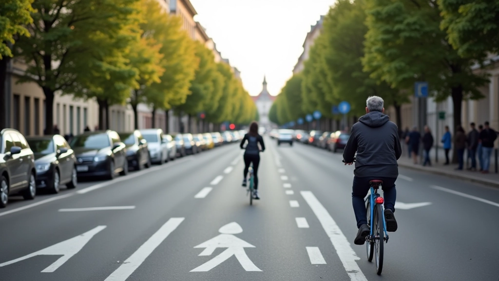Urban intersection showing cyclist approaching with parked cars and pedestrian, illustrating common hazards in city cycling