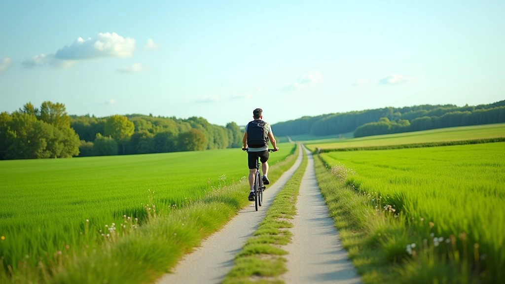 Wide cycling path through green fields with forest in the distance and clear sky